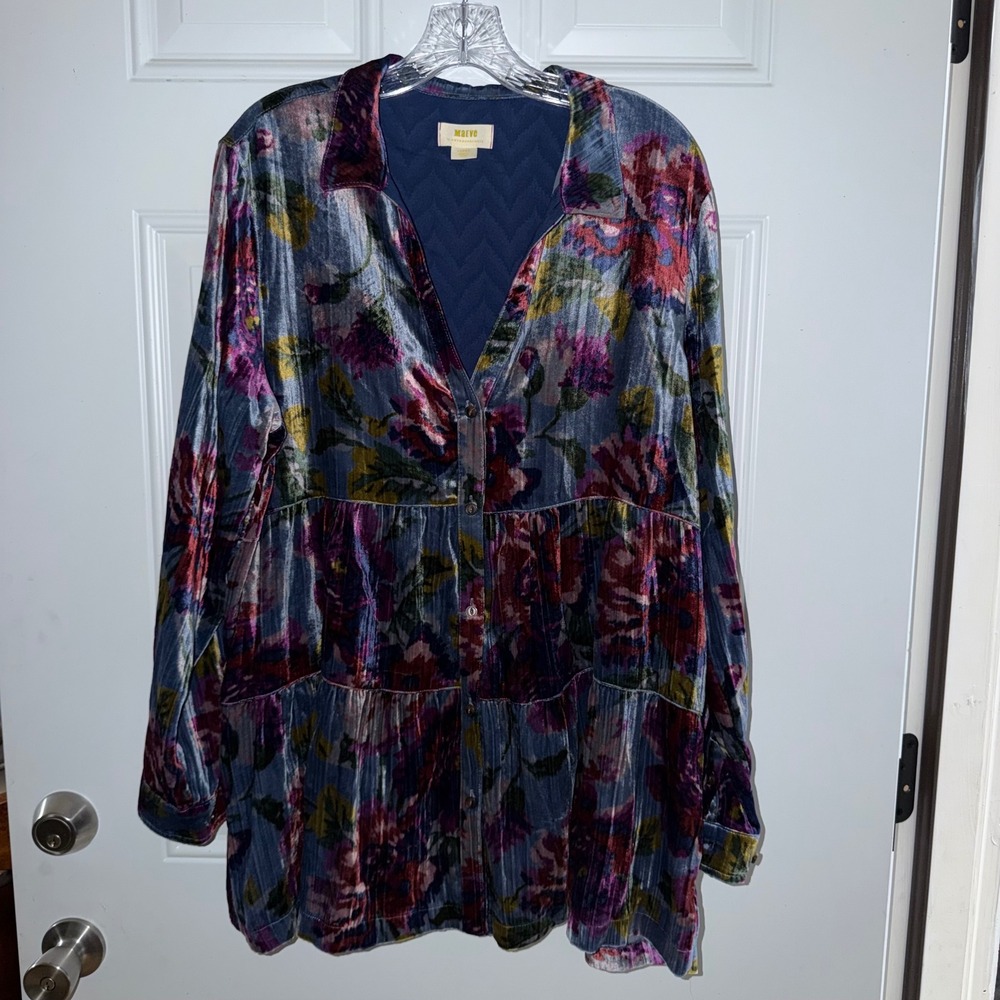 Maeve Anthropologie Floral Velvet Tiered Tunic Top Blue Purple Large OB1075530